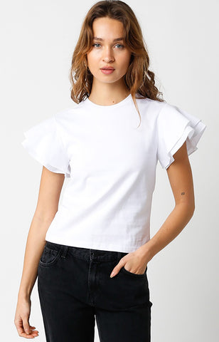 WHITE PHOEBE RUFFLE SLEEVE TOP OLIVACEOUS