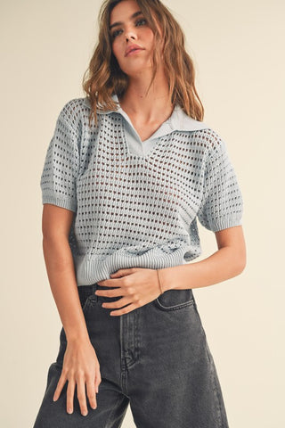 BLUE CROCHET KNITTED COLLARED TOP