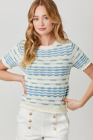 BLUE IVORY SCALLOP SWEATER TOP