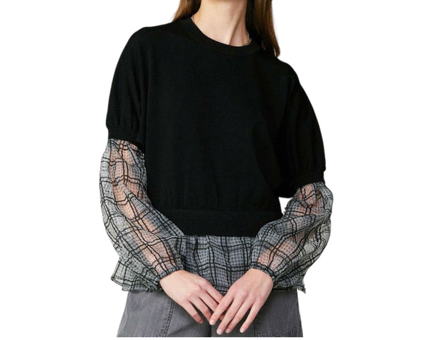 CURRENT AIR BLACK PEARL PLAID WOVEN MIX SWEATER TOP FINAL SALE