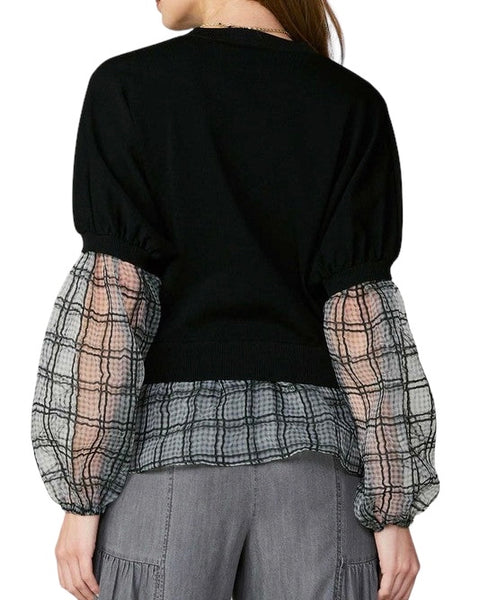 CURRENT AIR BLACK PEARL PLAID WOVEN MIX SWEATER TOP FINAL SALE