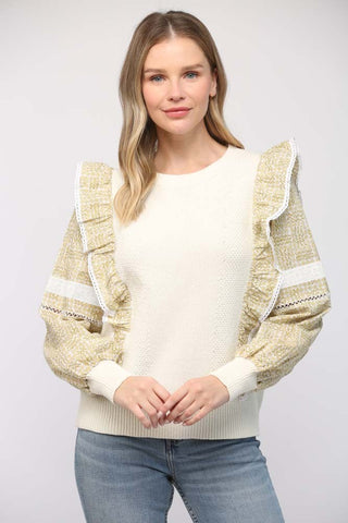 FATE CREAM WITH OLIVE RUFFLE CONTRAST SWEATER