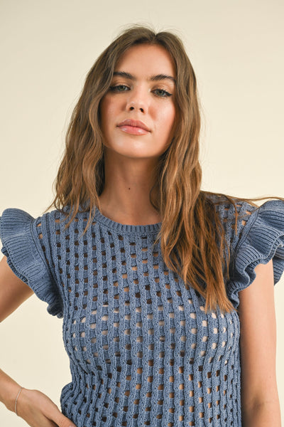 BLUE KNITTED RUFFLE SLEEVE TOP