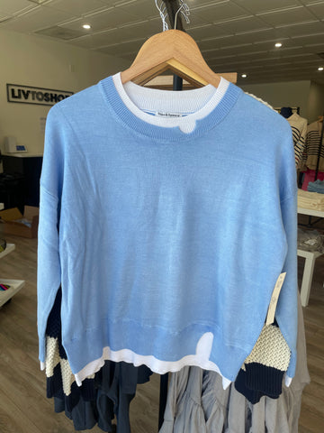 THEO SPENCE BLUE WHITE ILLUSION SWEATER