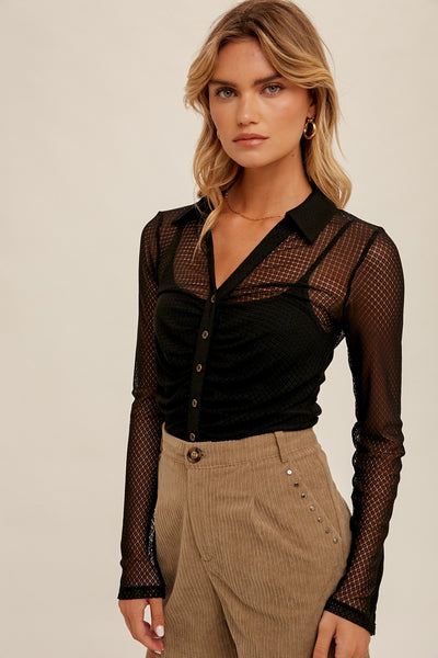 BLACK RUCHED BUTTON DOWN COLLARED SHEER LACE SHIRT