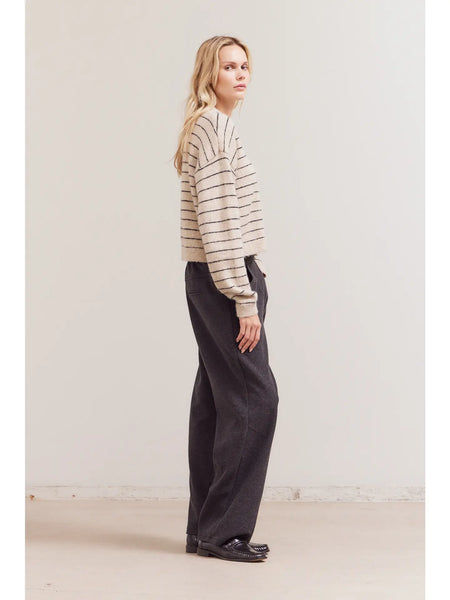 OATMEAL STRIPED DROP SHOULDER SWEATER