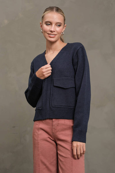 NAVY UTILITY POCKET KNIT ZIP CARDIGAN JACKET