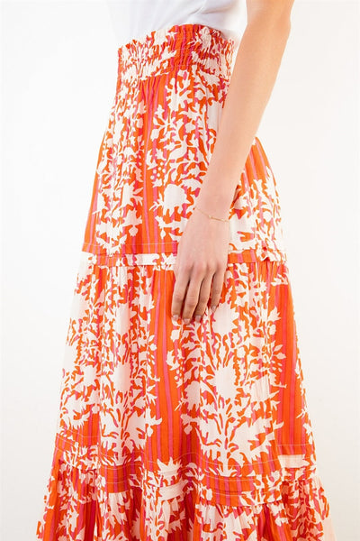 THML ORANGE RED PINK CREAM STRIPED FLORAL SKIRT