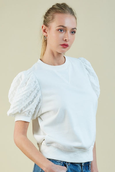 WHITE CONTRAST SHORT PUFF SLEEVE KNIT TOP