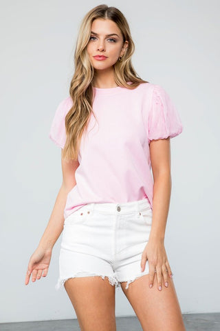 THML PUFF SLEEVE TOP FRENCH TERRY PINK