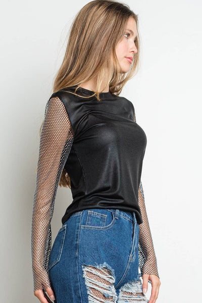 METALLIC CRYSTAL COATED MESH LONG SLEEVE TOP