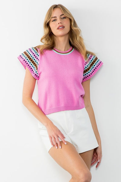 THML PINK PATTERN SHORT SLEEVE KNIT TOP