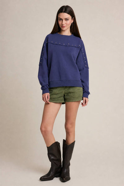 WASHED BLUE STUDDED RAW EDGE SWEATSHIRT