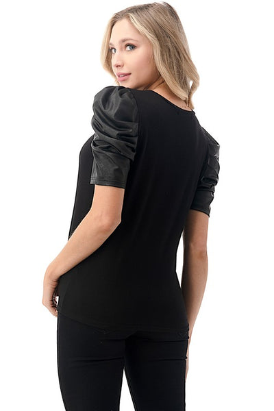 PUFFY PLEATHER SLEEVE CONTRAST TOP