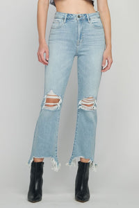 HIDDEN HAPPI MEDIUM WASH DISTRESSED FRAY CROP FLARE TORI FINAL SALE