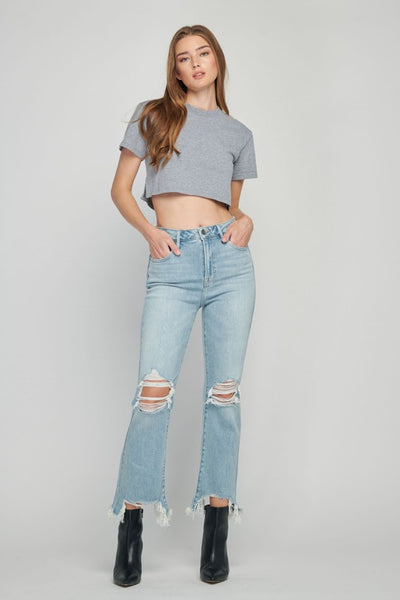 HIDDEN HAPPI MEDIUM WASH DISTRESSED FRAY CROP FLARE TORI FINAL SALE