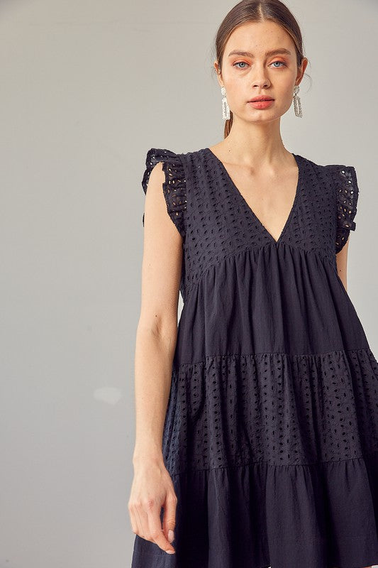 V NECK EYELET DRESS