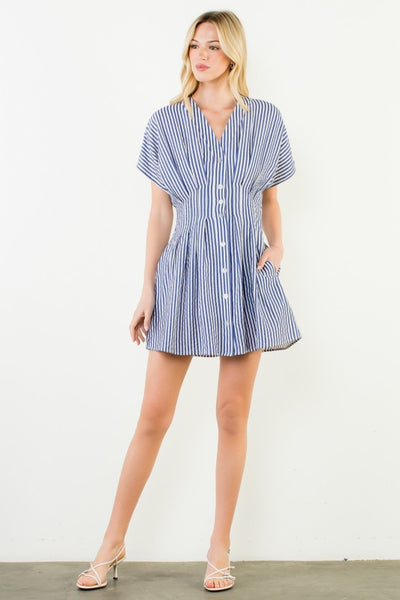 THML BLUE WHITE STRIPED BUTTON FRONT DRESS