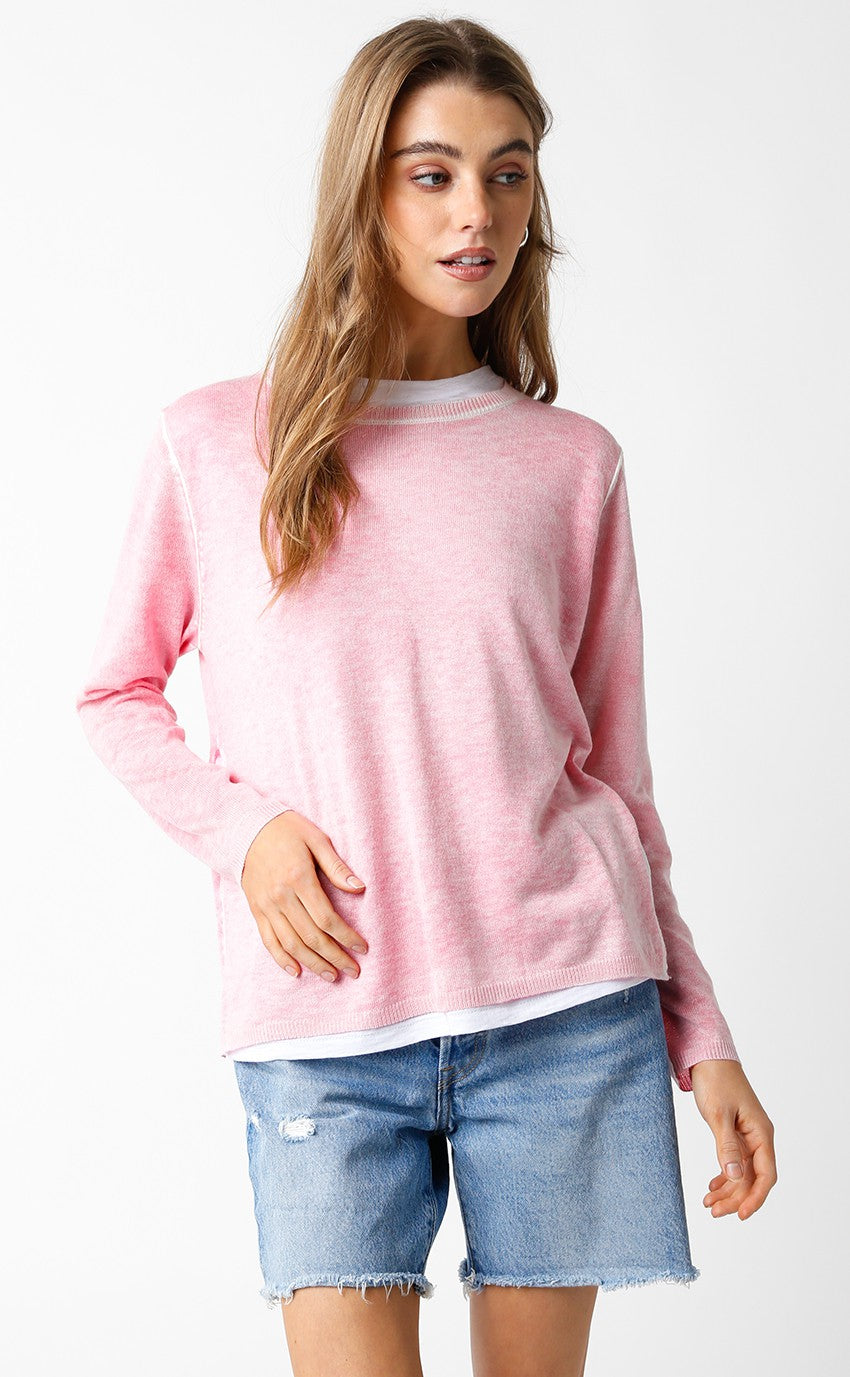OLIVACEOUS PINK DOUBLE LAYER ILLUSION SWEATER