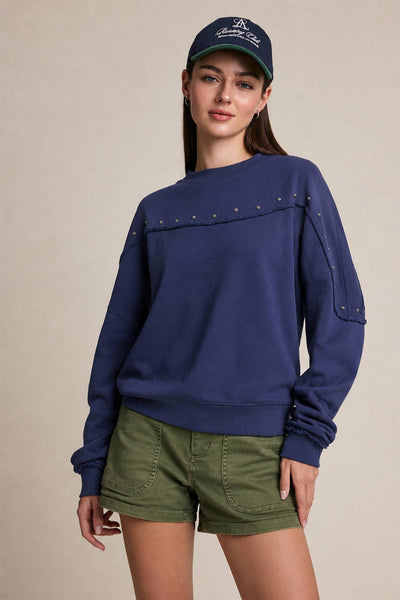 WASHED BLUE STUDDED RAW EDGE SWEATSHIRT