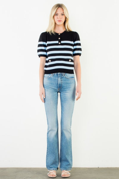 THML BLACK BLUE SHORT SLEEVE STRIPED TOP BUTTON DETAIL