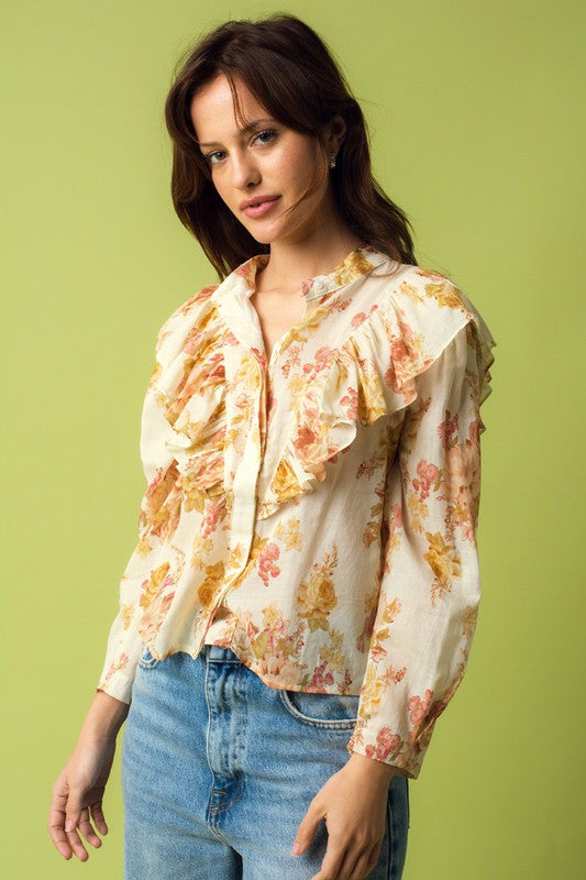 MAGGIE VICTORIAN RUFFLE BUTTON DOWN TOP NATURAL CORAL