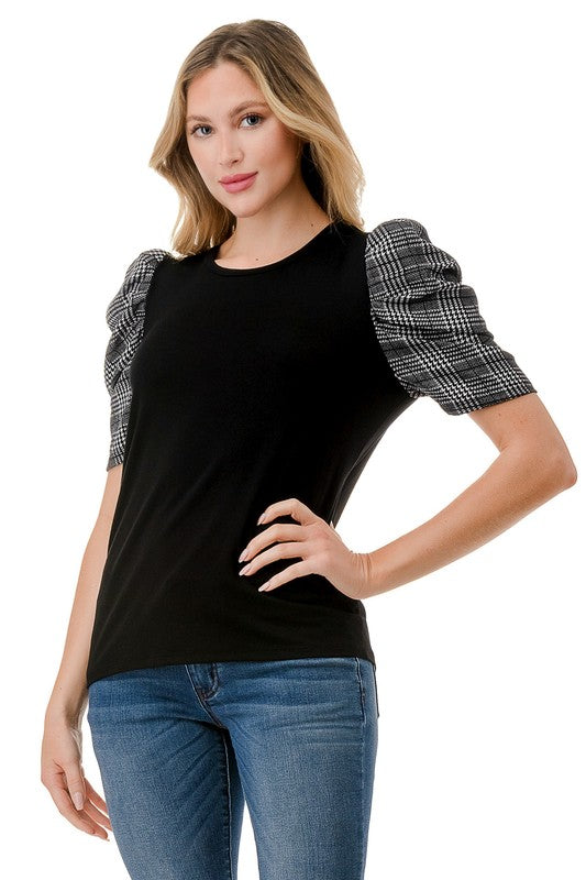 PUFFY PLAID SLEEVE CONTRAST TOP