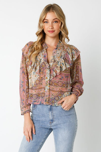 OLIVACEOUS RILEY RUFFLE DETAIL BUTTON DOWN