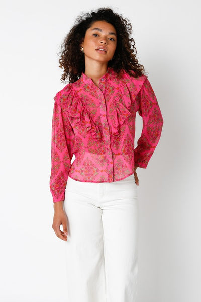 PINK FLORAL ANNY RUFFLE BUTTON DOWN