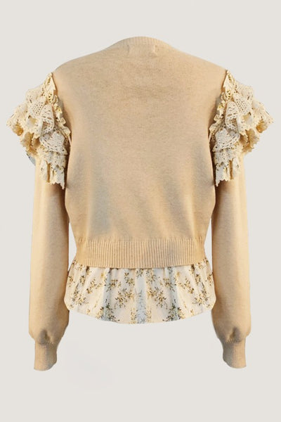 RUFFLED SLEEVE KNIT TOP WITH FLOWER CONTRAST FINAL SALE
