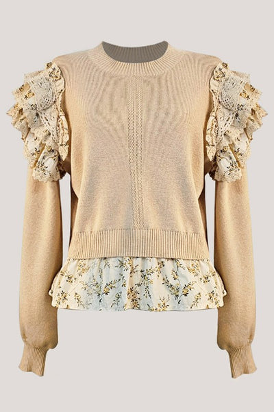 RUFFLED SLEEVE KNIT TOP WITH FLOWER CONTRAST FINAL SALE