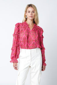 OLIVACEOUS AZALEA PINK FLORAL RUFFLE TOP