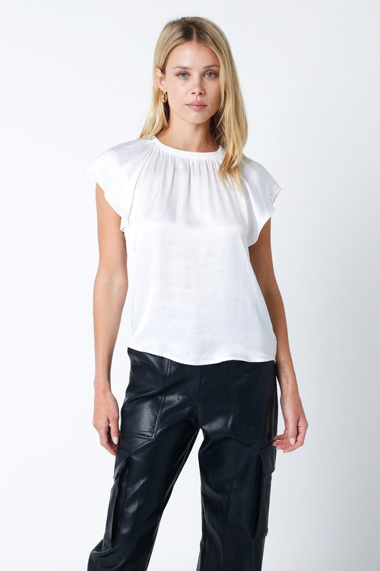 WHITE SMOCK NECK SATIN TOP OLIVACEOUS