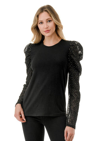 BLACK CONTRAST TOP GOLD EMBELLISHED PUFF SLEEVES