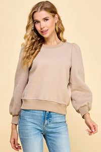 MOCHA SWEATSHIRT WITH QUILTED PUFF SLEEVES no