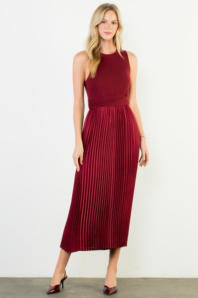 THML BURGUNDY SLEEVELESS MIXED MEDIA DRESS
