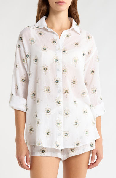 ELAN EVIL EYE PRINT BUTTON DOWN SHIRT BEACH COVER UP
