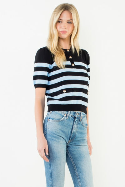 THML BLACK BLUE SHORT SLEEVE STRIPED TOP BUTTON DETAIL