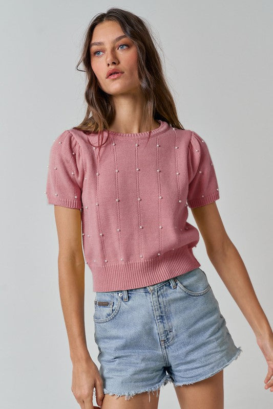 BLUSH SHORT SLEEVE SWEATER PEARL DETAIL