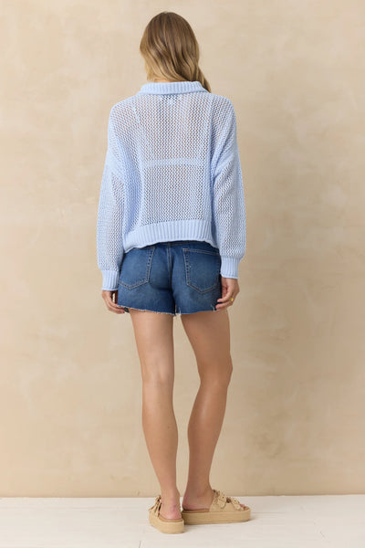 LIGHT BLUE OPEN KNIT QUARTER ZIP SWEATER