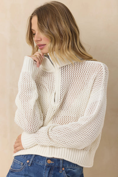 WHITE OPEN KNIT QUARTER ZIP SWEATER
