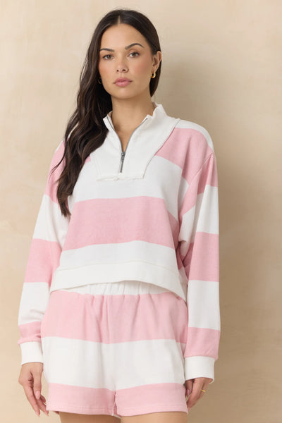 VINTAGE HAVANA STRIPED FRENCH TERRY HALF ZIP SWEATSHIRT SORBET PINK