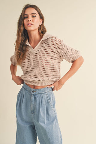 BLUSH PINK CROCHET KNITTED COLLARED TOP