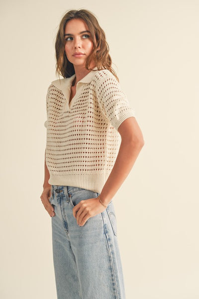 CREAM CROCHET KNITTED COLLARED TOP