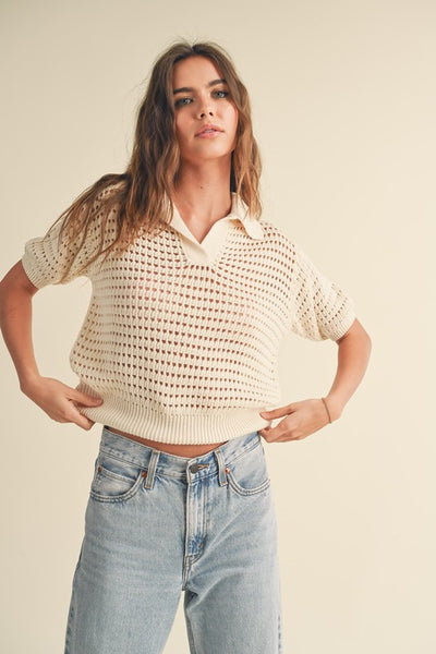 CREAM CROCHET KNITTED COLLARED TOP