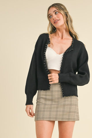 BLACK PEARL EMBELLISHED SWEATER CARDIGAN DISTRESSED