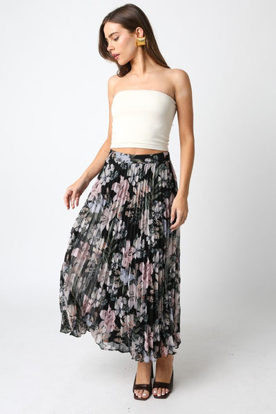 OLIVACEOUS BELLA BLACK FLORAL PLEATED SKIRT