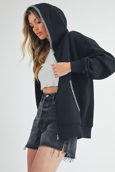BLACK ZIP HOODIE WHIPSTITCH DETAIL