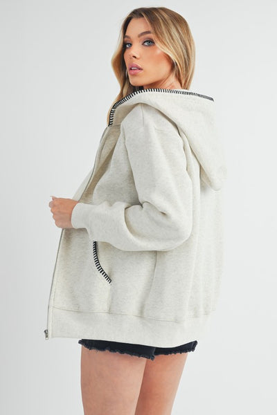 HEATHER BONE ZIP HOODIE WHIPSTITCH DETAIL