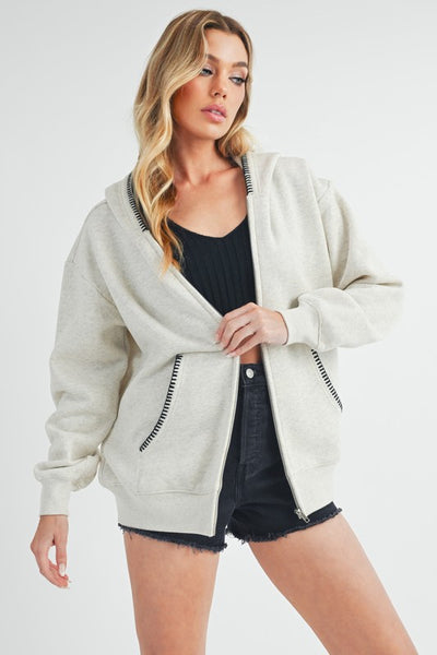 HEATHER BONE ZIP HOODIE WHIPSTITCH DETAIL